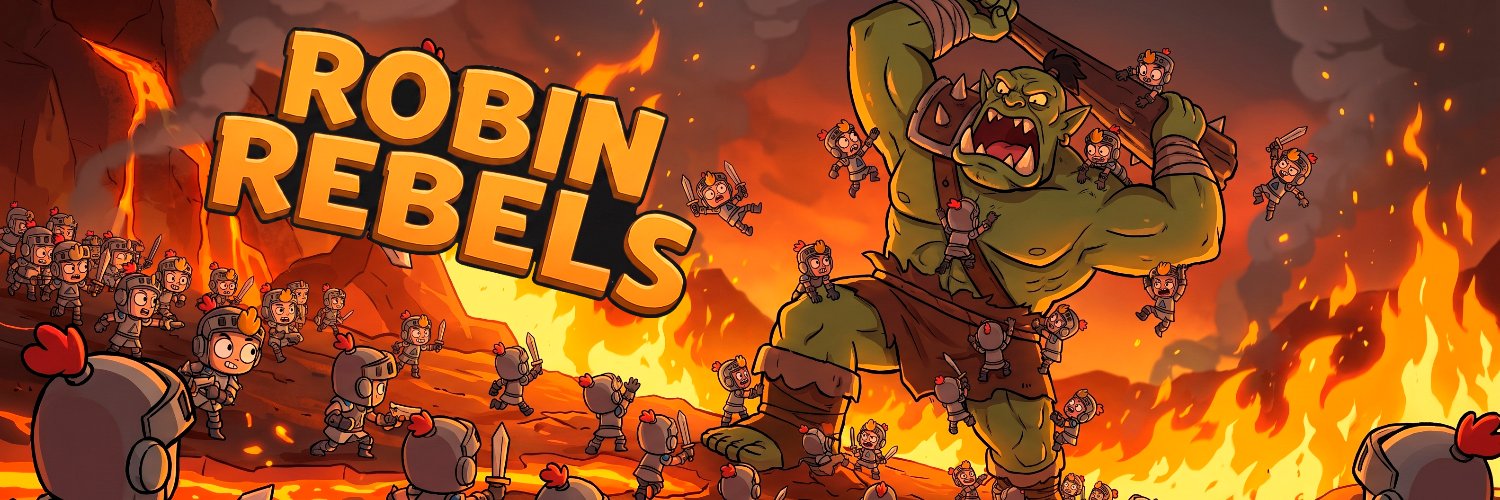 Robin Rebels — a horde of tiny rebels storming a giant orc across a lava battlefield
